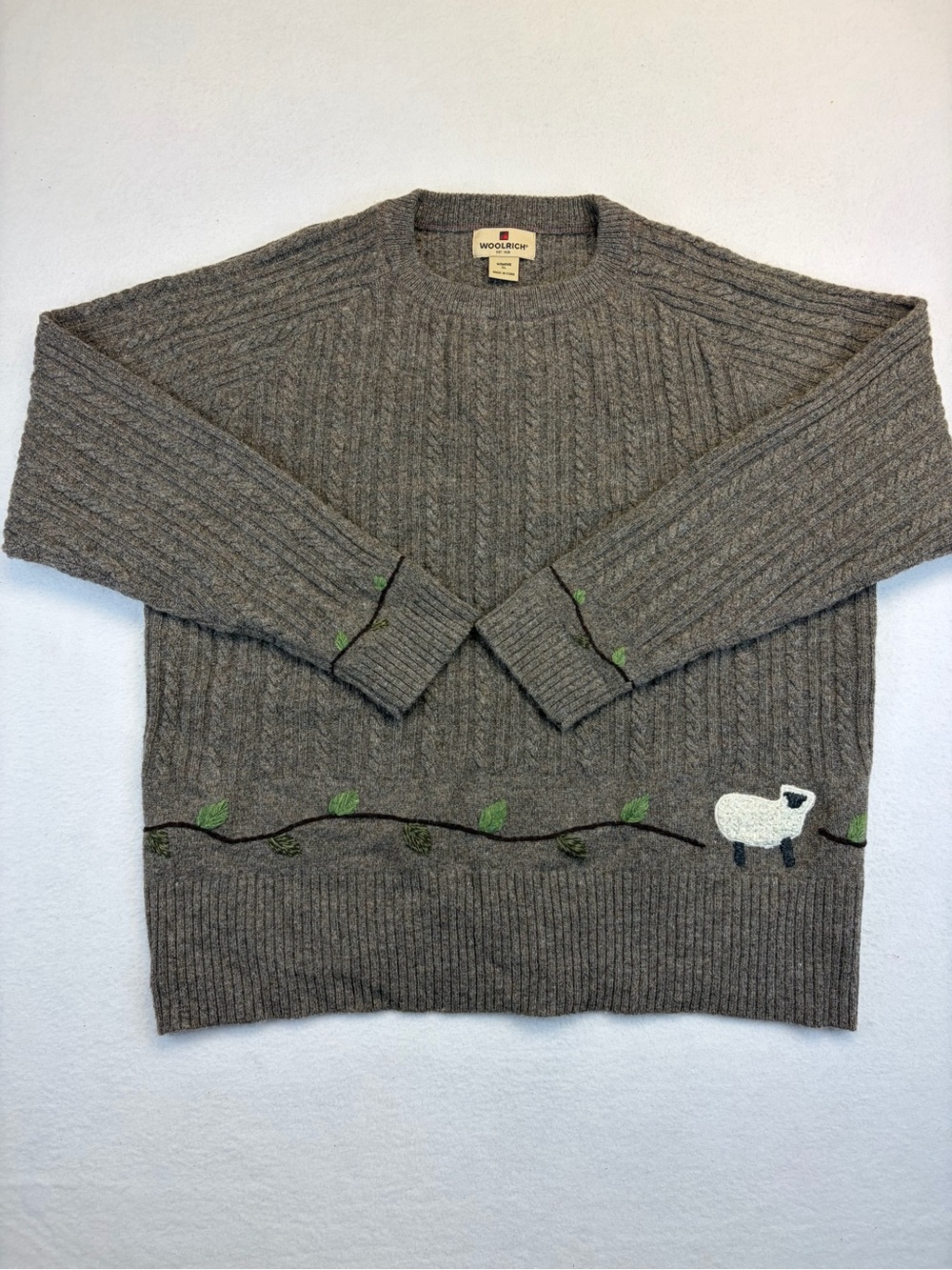 Woolrich Sweater Taupe Heather Sheep Embroidered Cottagecore XL 100% Lambs Wool